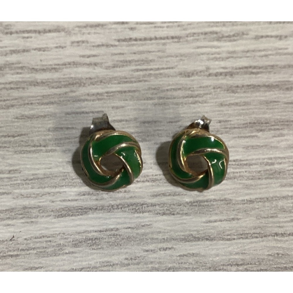 Goldtone Earrings w/ Green Enamel Weave Knotted Pattern Circle Vintage